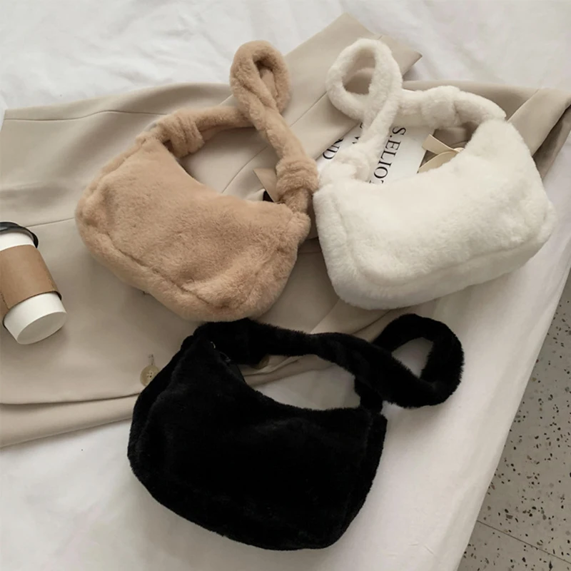 

Fashion Solid Color Shoulder Underarm Bag Women Plush Soft Autumn Winter Fluffy Female Totes Handbag 2021 New Style