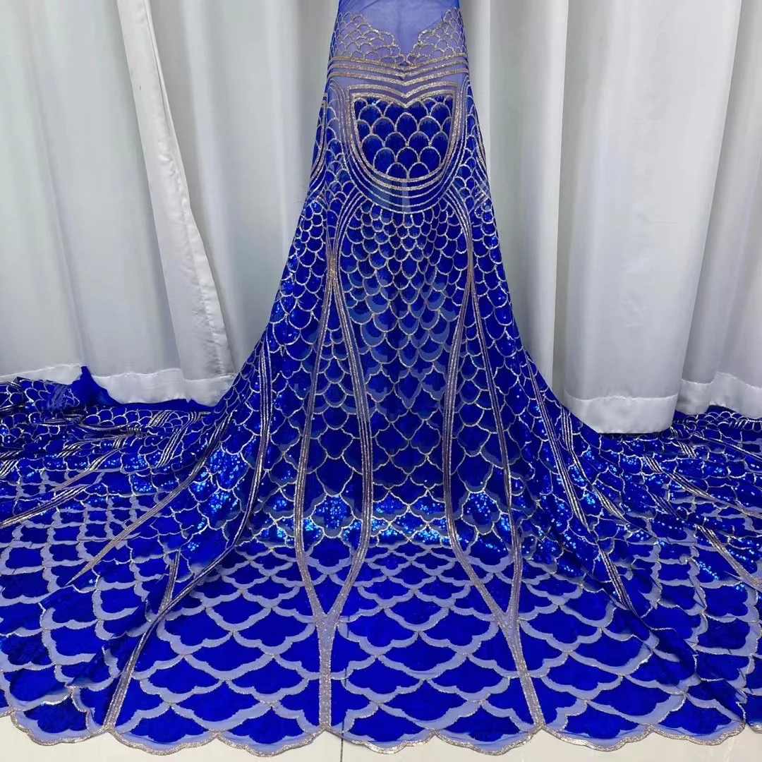 

Blue Color Party Dress Sew African Lace Fabric With Sequins High Quality French Lace Fabric Sequined Mesh Laces For Wedding JYF
