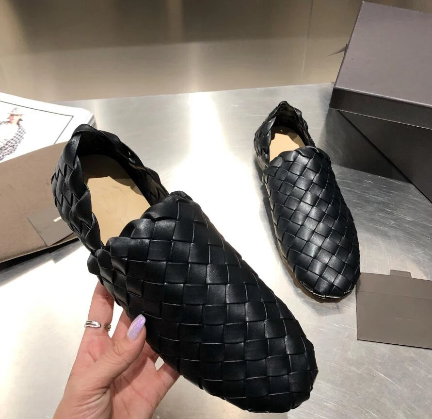 

Black beige leather casual spring and autumn shoes lazy Muller shoes new leather woven flat shoes women's loafers