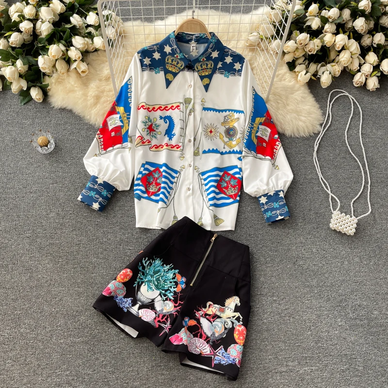 

2021 New Temperament Suit Spring New Shirt Female Print All-match Wide-leg Shorts Two-piece Suit GL294