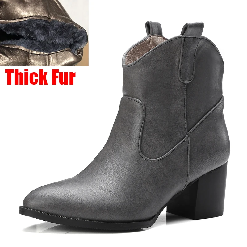 grey thick fur SARAIRIS/ботинки размера плюс; большие размеры 32-48; Цвета: черный острый носок; женские зимние ботильоны в стиле "Вестерн" Для женщин женская обувь на высоком каблуке - Цвет: grey thick fur