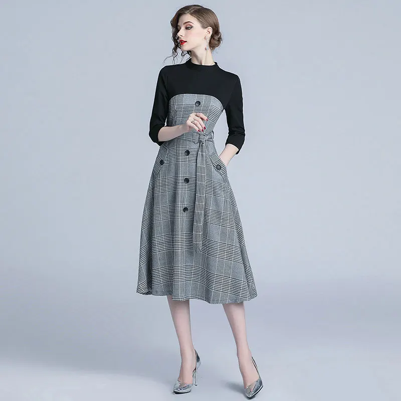 

New dignified retro round neck plaid stitching dress fake two-piece long-sleeved mid-waist zipper A-line skirt for women