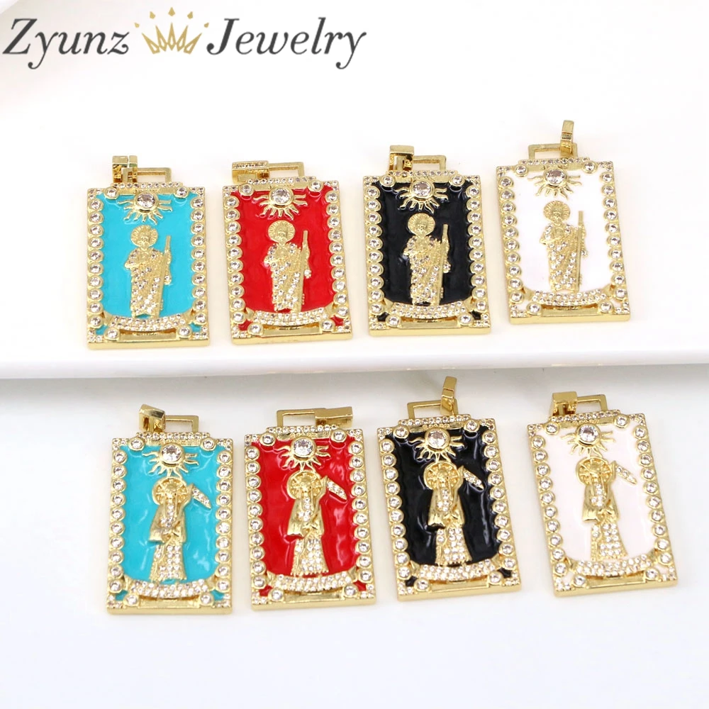

5PCS, Fashion CZ Pave Jesus Mary Rectangle Pendant Charms Gold Enamel Pendant for Neckalce Making Catholic Jewelry Accessory