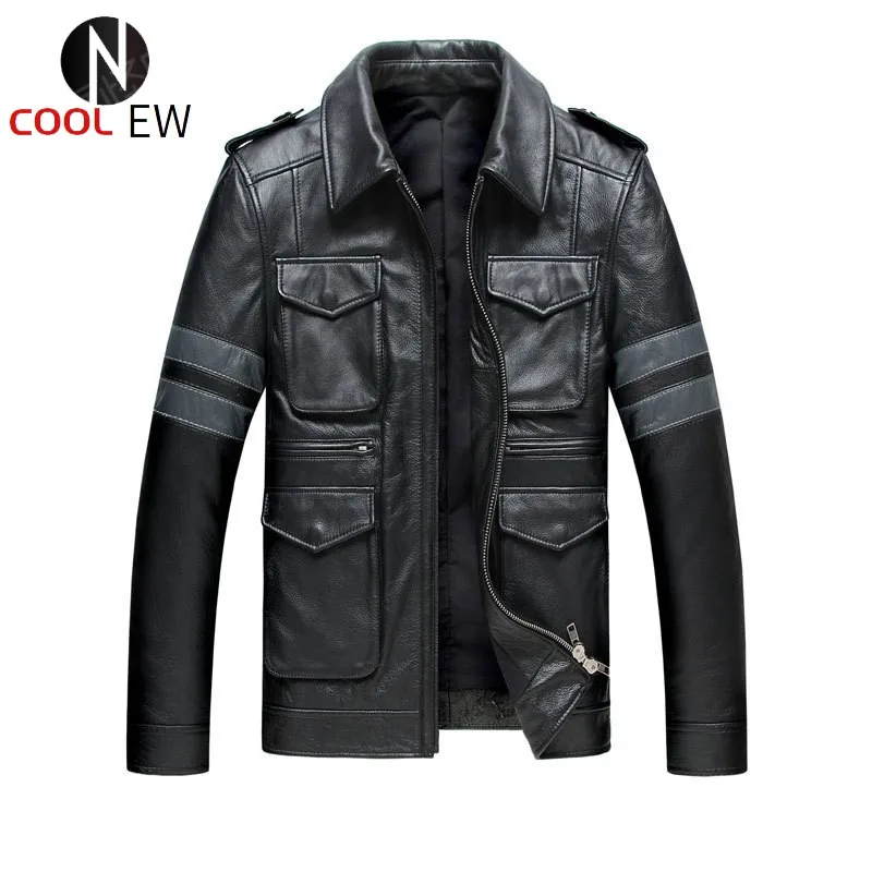

Men Genuine Leather Cowskin Real Leather Motorcycle Jackets Autumn Black Big Pocket Lapel Male Slim Fit Biker Coats High Quality