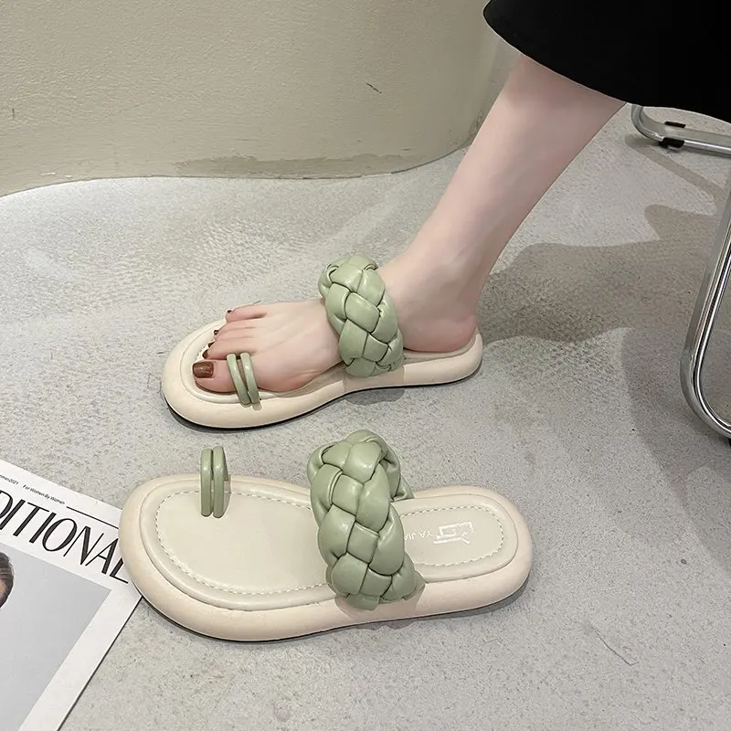 

Flat Heels Beach Slippers Summer Slippers Women Shoes Woman Mules Flip Flops Solid Leather Wave Ladies Shoes Slides Plus Size