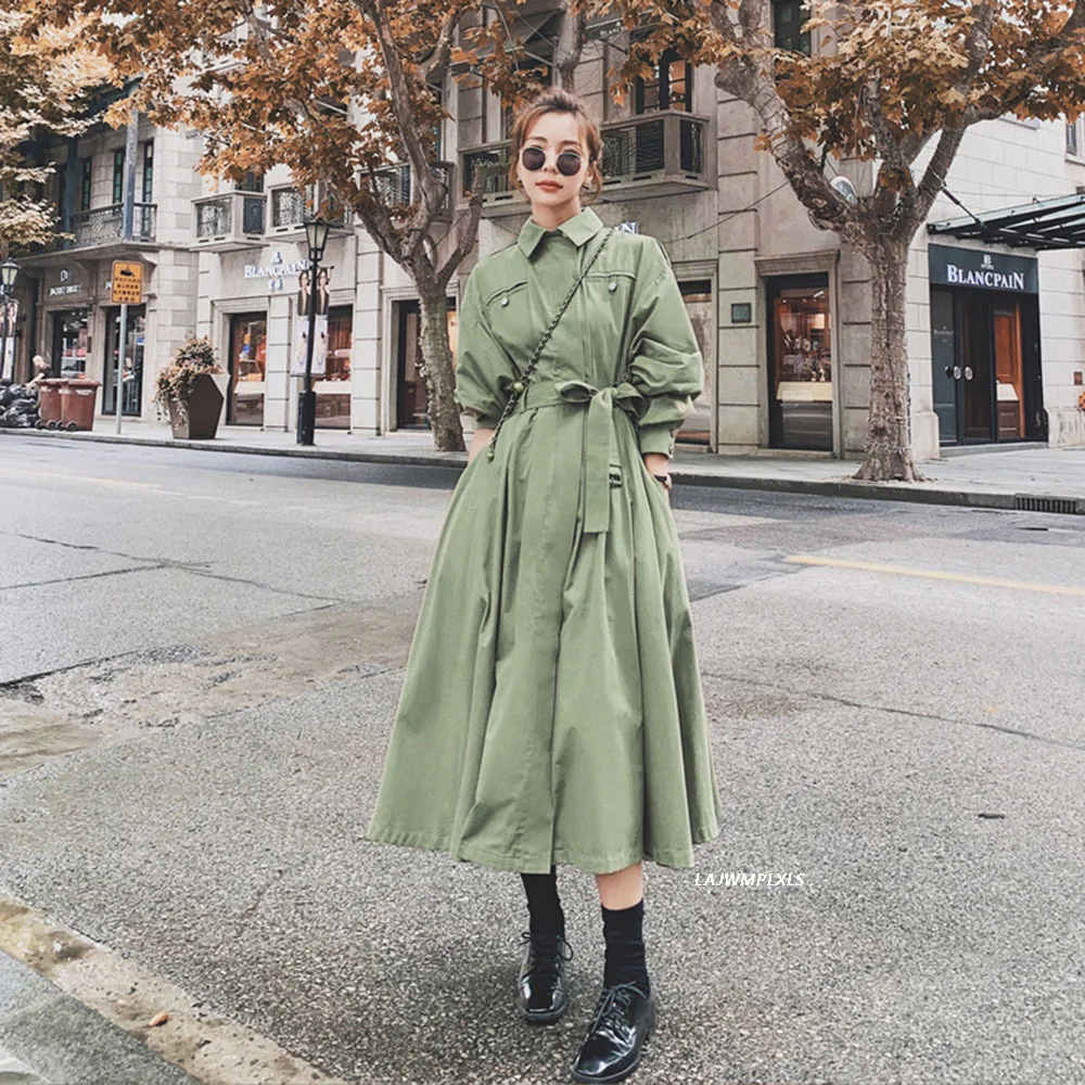 

Vintage 2021 Green Spring Autumn Fashion Long Trench coat Women Casual Windbreaker With belt