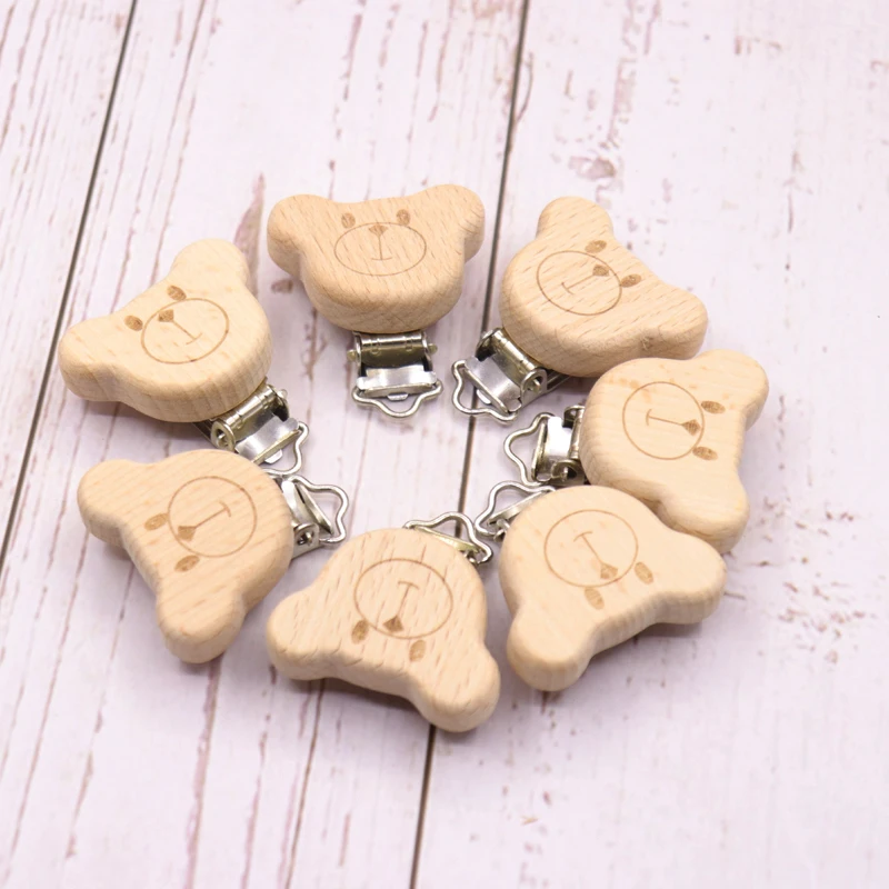 Chupete de madera Natural con forma de Animal para beb&eacute;, Clips de Metal, accesorios para beb&eacute;, soporte de grado alimenticio, mordedor de madera para beb&eacute;, 5 uds.-1