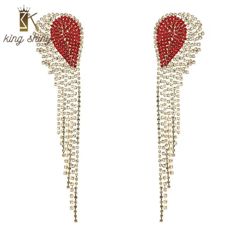

Exaggerated Shiny Crystal Long Chain Heart Tassel Earrings for Woman Luxury Full Rhinestone Bridal Wedding Party Dangle Earrings