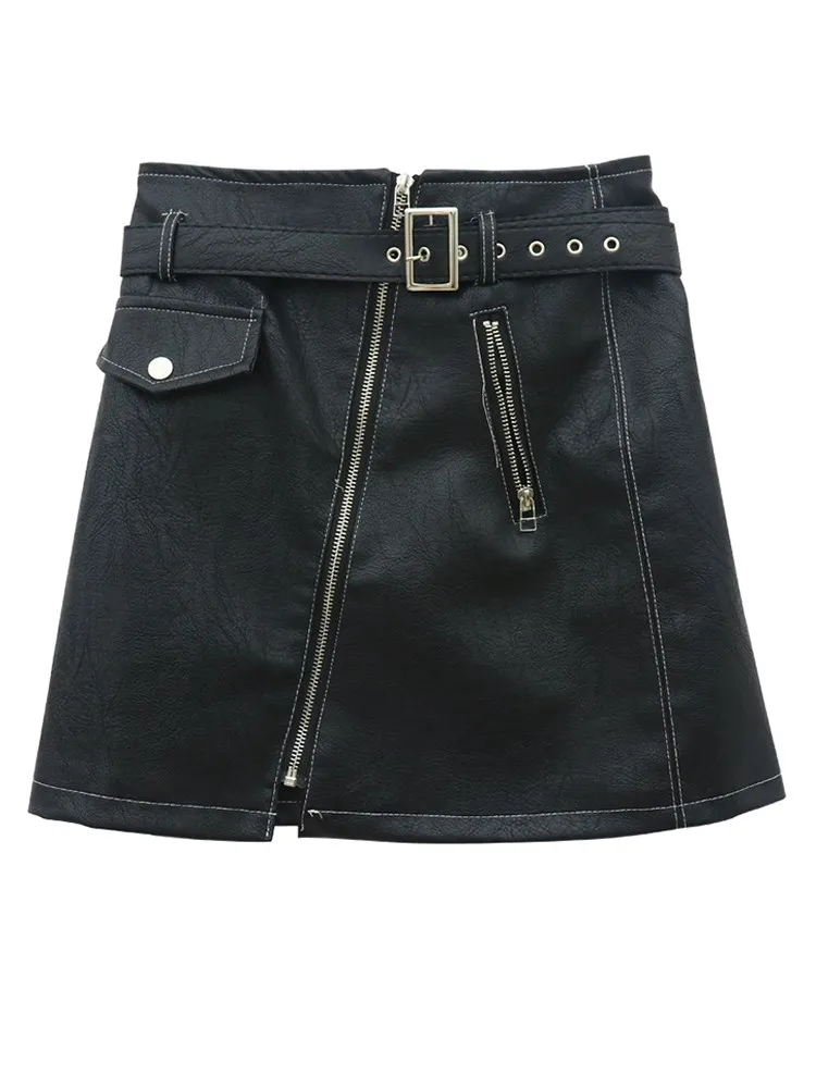 Black skirt Осенняя Корейская черная кожаная юбка Женская Harajuku на молнии уличная трапециевидная Нижняя мини юбки Готическая Высокая талия с поясом Юбка warp - Цвет: Black skirt