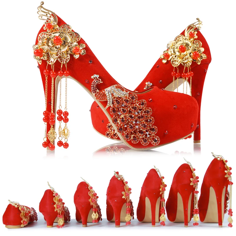 

Новинка весна-осень 2019, женские свадебные туфли на высоком каблуке, красные китайские замшевые туфли большого размера в китайском стиле со ...