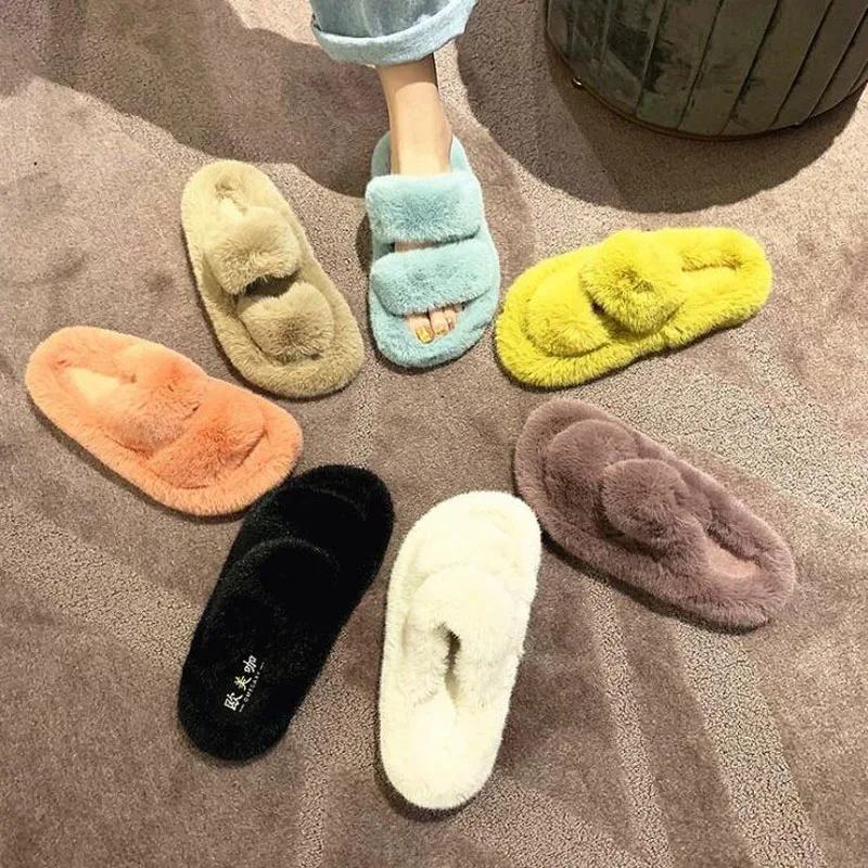 

Fluffy Raccoon Fur Slippers Shoes Women Summer Flip Flop Flat Slides Outdoor Sandals Ladies Shoes