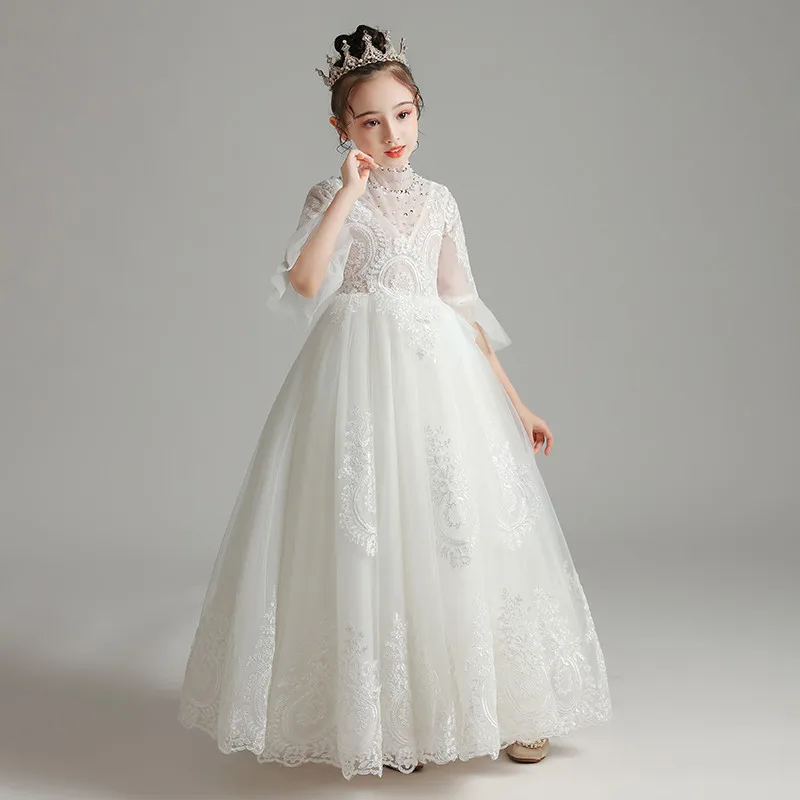 

High Quality Children Girls Luxury White Color Half Sleeves Wedding Party Embroidery Lace Dress Kids Teens Piano Host Dress Wear