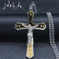 jesus cross crystal stainless steel necklaces men gold silver color big long necklaces christianity jewelry collar xh311s05