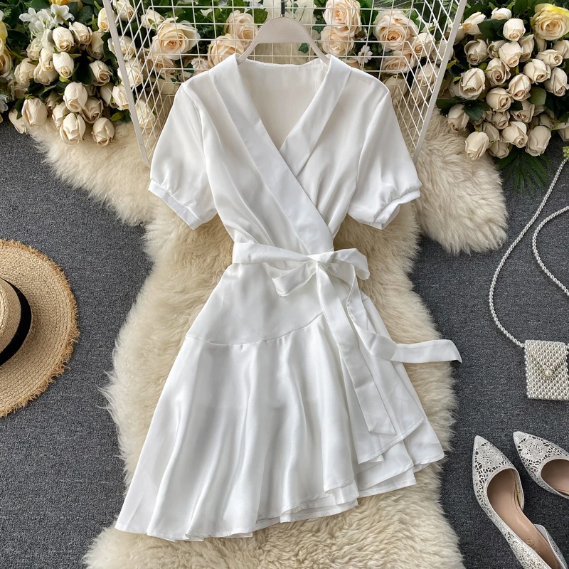 Летнее сатиновое платье 2020 новые асимметричные платья с коротким рукавом и