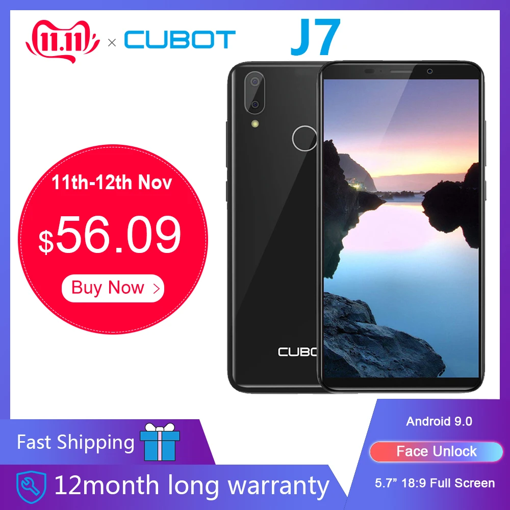 Мобильный телефон Cubot J7 5," 18:9 дисплей Android 9,0 Pie Face ID двойная задняя камера 13 МП 2800 мАч смартфон с двумя sim-картами