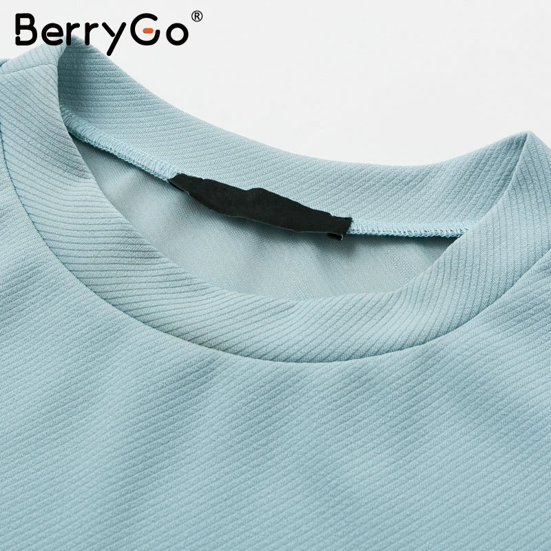 BerryGo Элегантное трикотажное мини-платье с оборками женское однотонное тонкое вечернее платье с круглым вырезом осенне-зимнее женское платье с длинным рукавом для работы