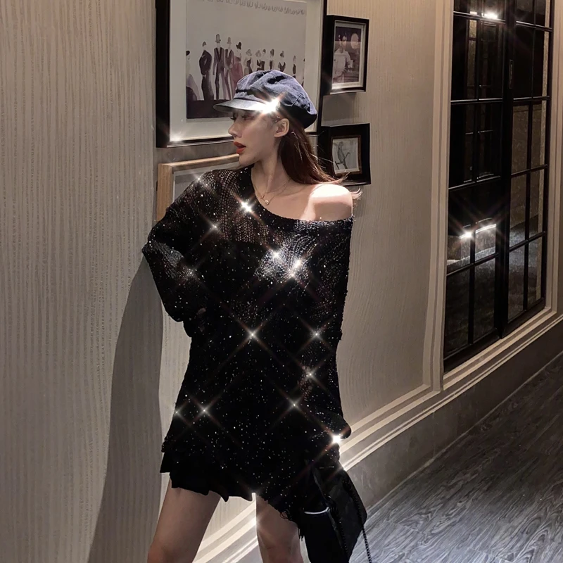

Black Sequins Glittering Holes Knit Sweater Women Slash Neck Loose Hedging Thin Hollow Pullovers Long-sleeved Crop Tops 2020