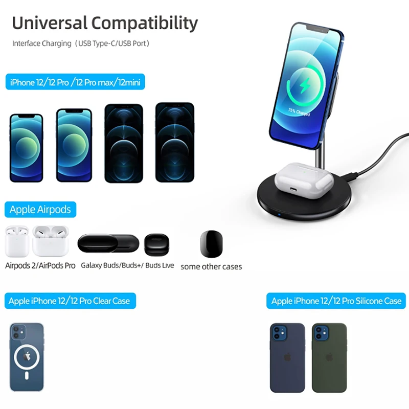 

15W Fast Charging 2 In 1 Magnetic Wireless Charger For Iphone 12/12 Pro/12 Pro Max Desktop Charge Station For Airpods Pro