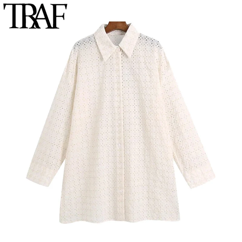 

TRAF Women Fashion Hollow Out Embroidery Oversized Blouses Vintage Long Sleeve Button-up Female Shirts Chic Tops