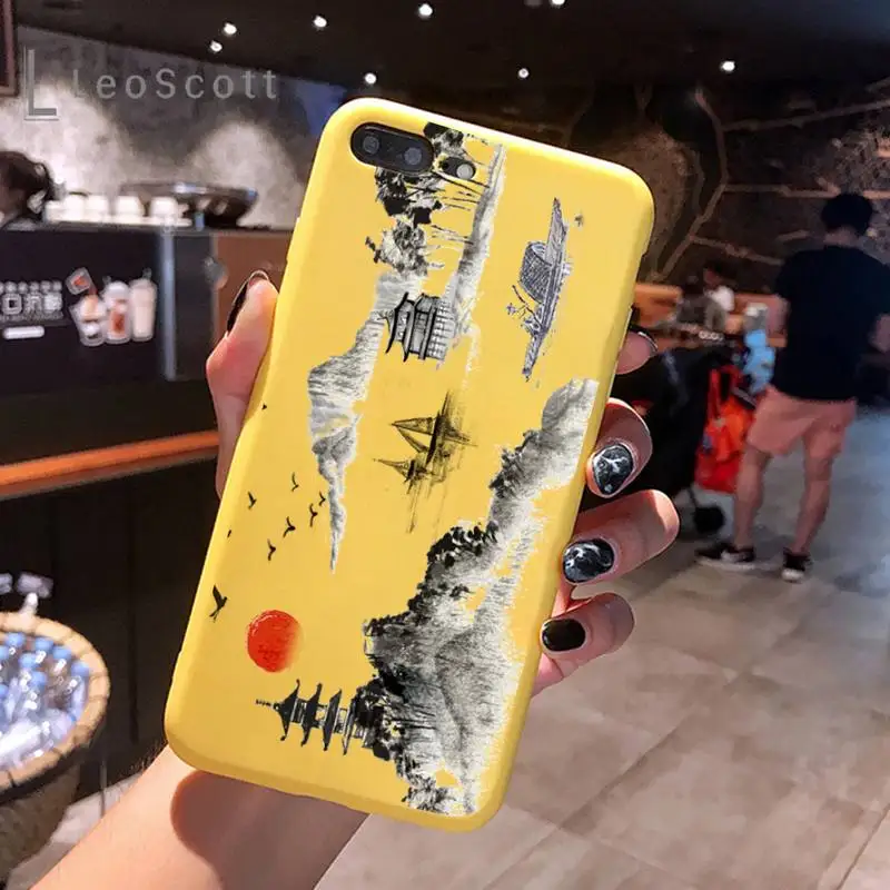 

Chinese landscape painting art Phone Case Yellow Candy Color for iPhone 6 7 8 11 12 s mini pro X XS XR MAX Plus