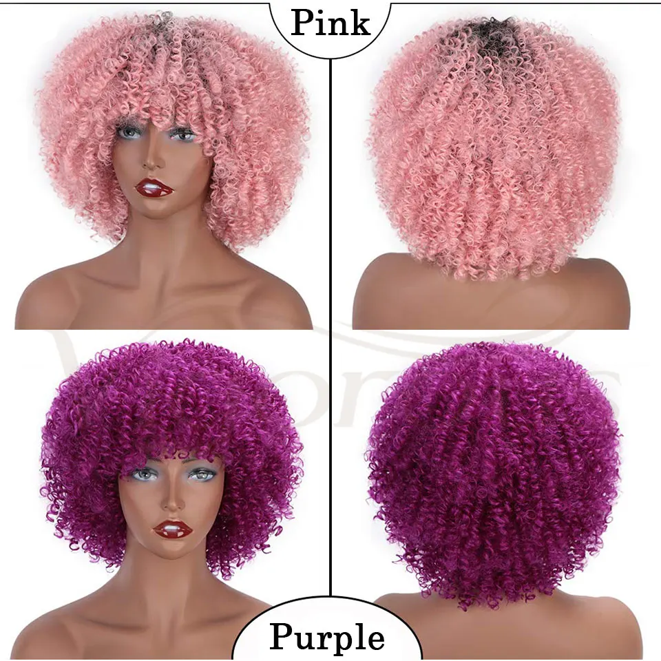 Vigorous Synthetic Wigs Short Afro Kinky Curly Ombre Pink Hair for Black Women 10Inches Wigs Natural Purple Heat Resistant Hair