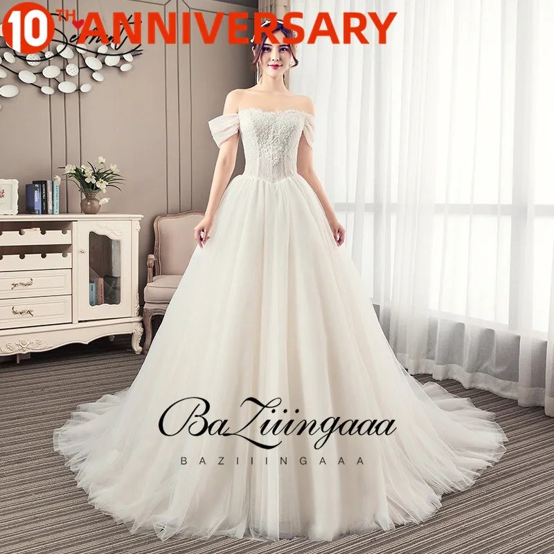 

BAZIIINGAAA Floral Print Wedding Dress Off The Shoulder Chiffon Royal Train Suitable Church Wedding Garden Wedding