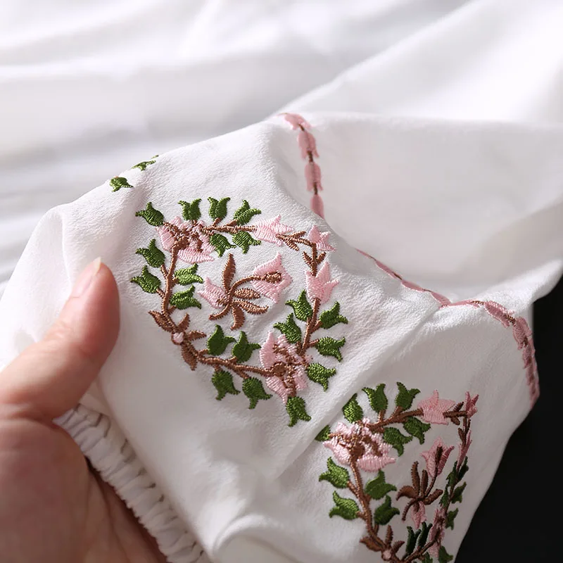 

100% Silk Blouse Women Casual Style Vintage Embroidered V Neck Lantern Sleeve Pullover Elegant Top New Fashion