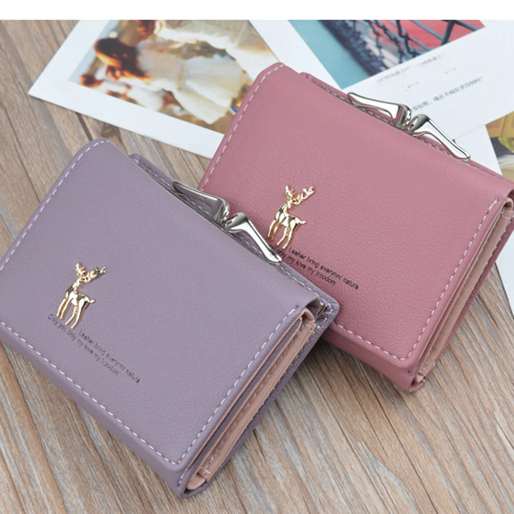 Cute Deer Women Mini Wallet Short Leather Wallet Girl Folding Wallets Clutch Pu Card Holder Ladies Purses Retro Coin Purse L*5