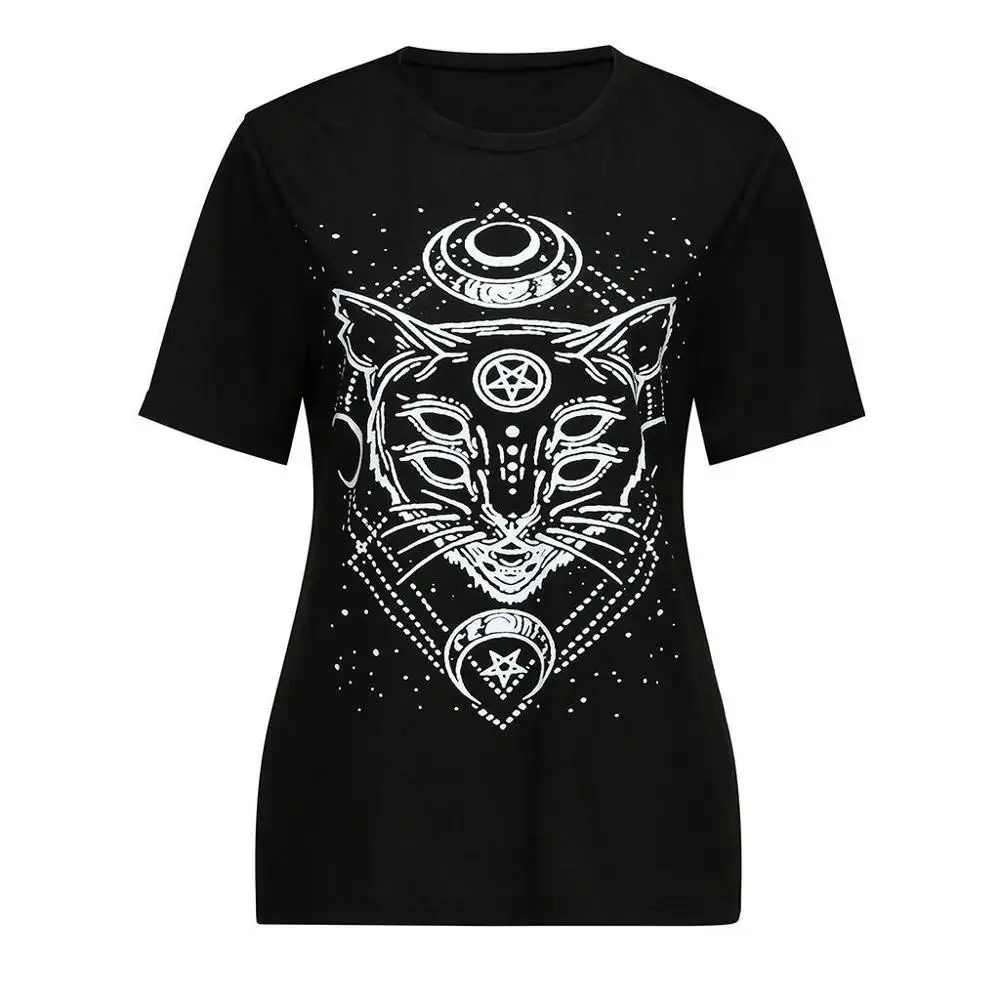 T Shirt Woman 2020 Gothic Star Punk Cat Print Tops Galaxy Short Sleeve Cat Print Black Loose Punk Casual Femme Clothing