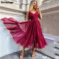 sevintage burgundy tea length prom dresses tiered tulle straps plus size homecoming party gowns short bridesmaid dress 2021