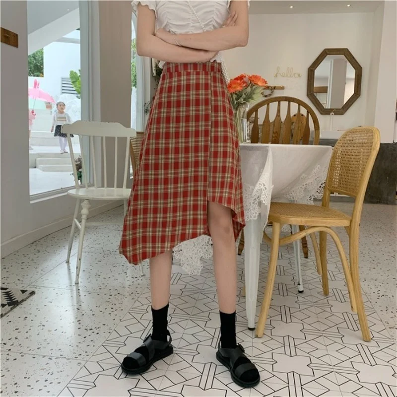 

Lrregular plaid skirt female spring 2021 new high-waisted thin skirt mid-length bag hip skirt long skirts for women