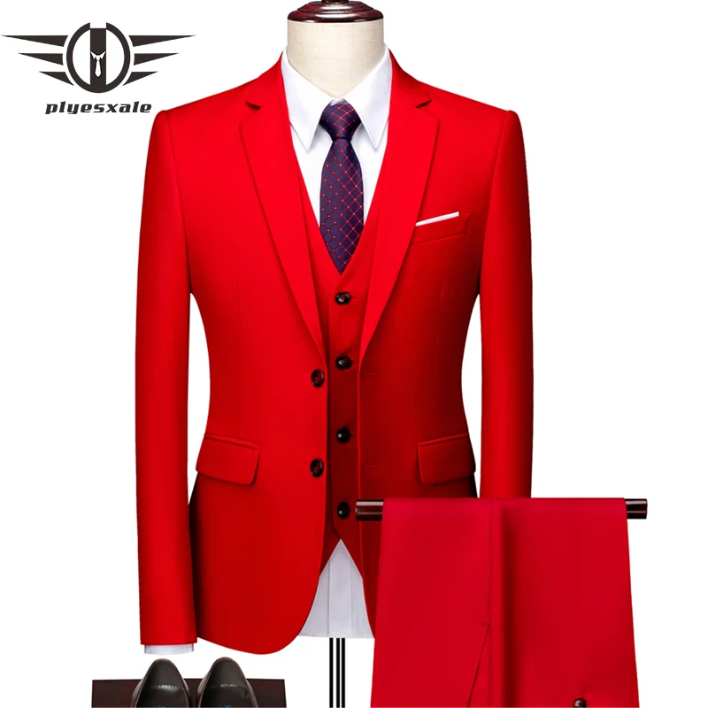 Красный мужской костюм Plyesxale свадебный Homme Mariage из трех предметов облегающий