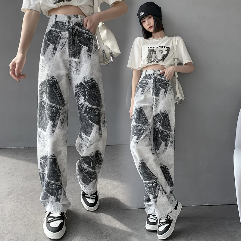 Jeans women's 2022 spring new high waist tie dyed ink printing loose wide leg pants fashionable design casual pants