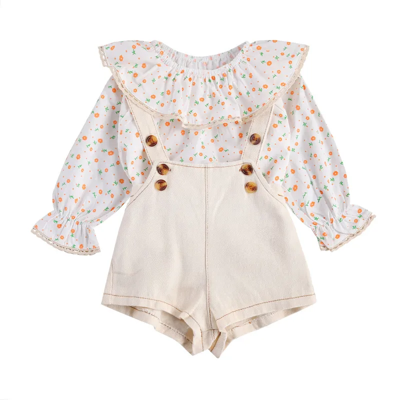 

Cute Baby Girls Clothes Floral Long Sleeve Flowers Shirt Tops Suspender Bib Shorts 2PCS Infant Newborn Outfits Cothing