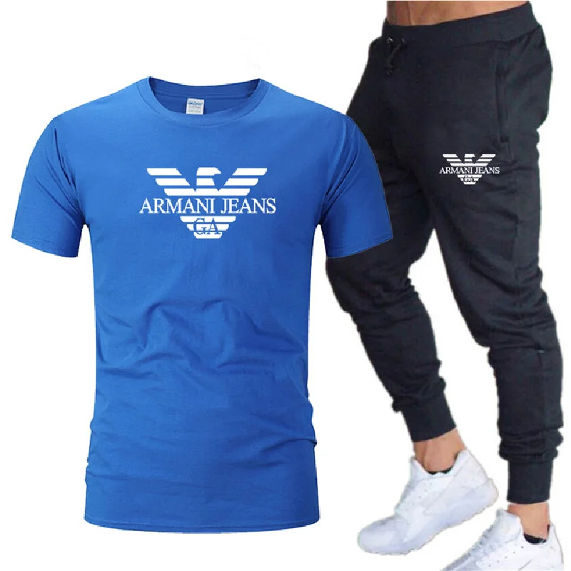 

2021 hot selling summer brand T-shirt pants suit casual brand fitness jogger T-shirt hip hop fashion men's sportswear two piece
