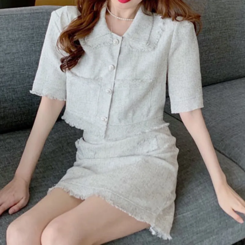 

2021 Summer Small Fragrance French Cardigan Elegant Short Sleeve Crop Top+Slim Mini Skirts Vintage 2 Piece Sets Womens Outfits