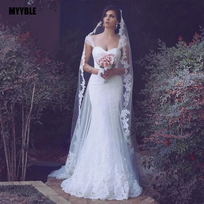 

2021 Arabic Design Lace Mermaid Wedding Dresses 2021 Sheer Straps Appliques Sweep Train Country Bridal Gowns Vestidos De Noiva