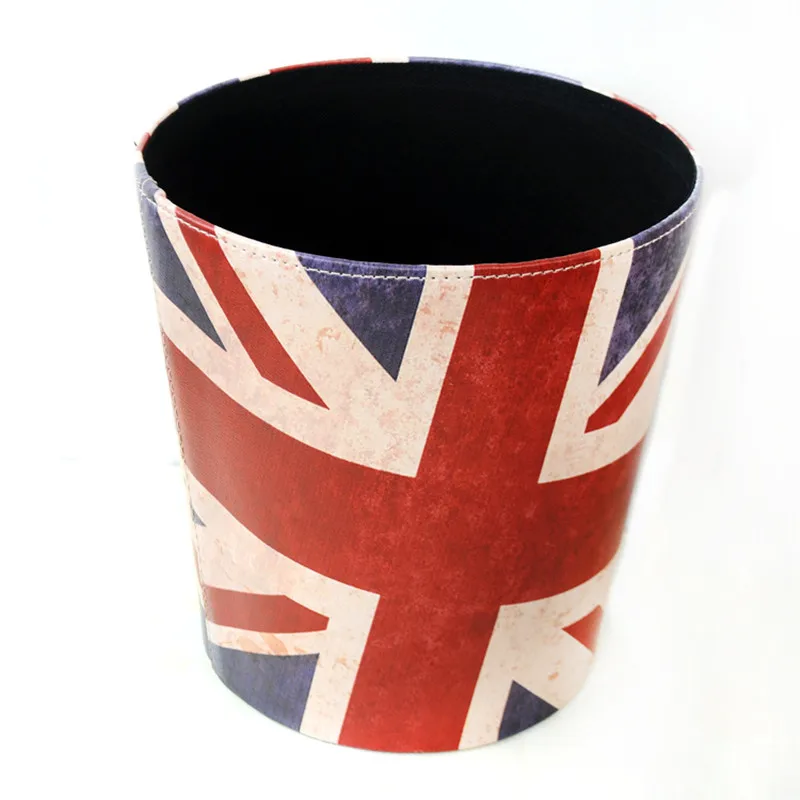 

Quality Leather Round Waste Bins Creative Retro Style Flag Pattern Trash Can Multifunction Kitchen Livingroom Decoration Dustbin