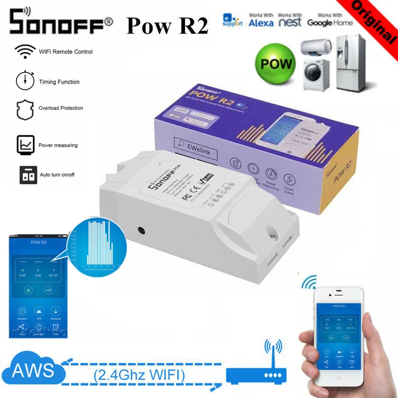 Смарт выключатель Sonoff Pow R2 с поддержкой Wi Fi и управлением через приложение|Модули