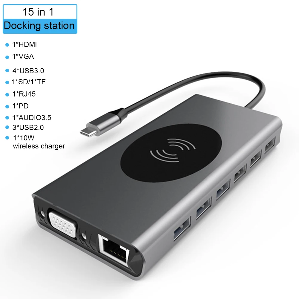 USB Type C к HDMI VGA 1080P USB3.0 * 4 RJ45 PD Audio3.5 SD 10 Вт Беспроводное зарядное устройство