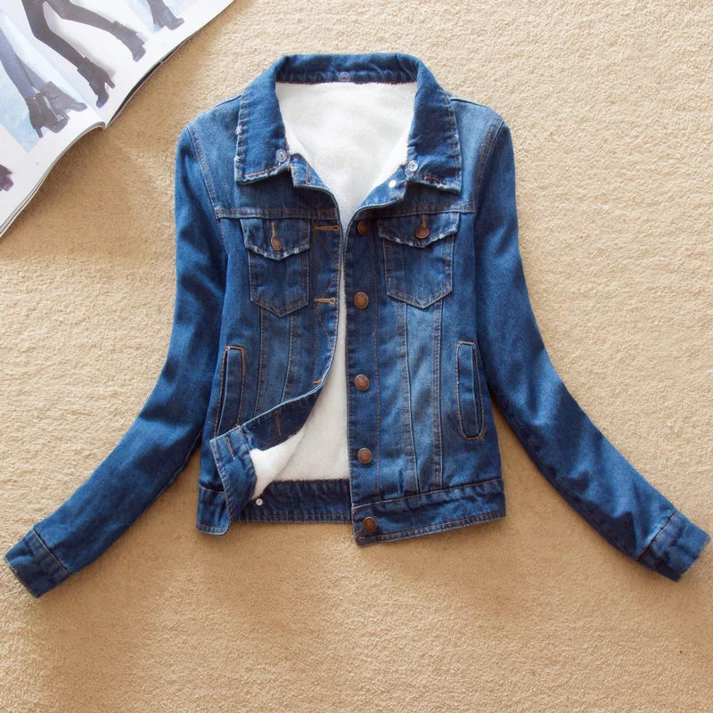 

Autumn and winter new Korean women's clothing slim Plush thickened clothes wool collar denim cotton jacket