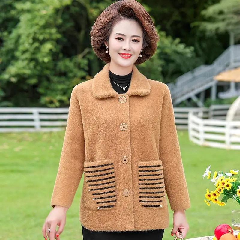 

Imitate Mink Fleece Womens Knitted Coat Middle-aged And Elderly Autumn Winter Jackets Single-breasted Large Size Woolen Coat 4XL