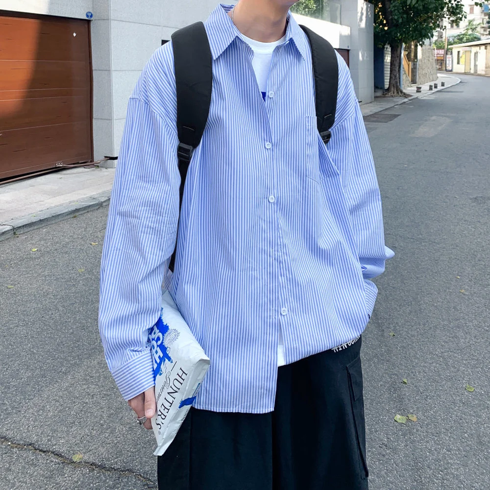 

Рубашка Neploha Мужская в полоску, уличная универсальная Длинная Сорочка в стиле оверсайз, повседневная с лацканами, в стиле Харадзюку, 5XL, весн...
