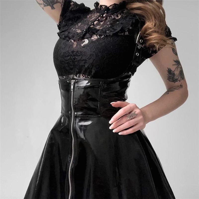 

GothGotik Gothic Black Punk Vintage Skirts Zipper Pleated Slim Leather Skirt Women High Waist A-Line Mini Skirts Party Club Y2K