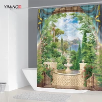 bathroom decoration shower curtain retro castle fountain landscape printing curtain home decoration curtain with hook