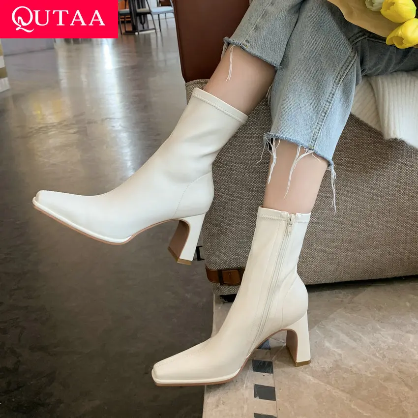 

QUTAA/2022 г. Женская обувь на высоком квадратном каблуке ботильоны на платформе из PU искусственной кожи на молнии универсальные полусапожки с к...