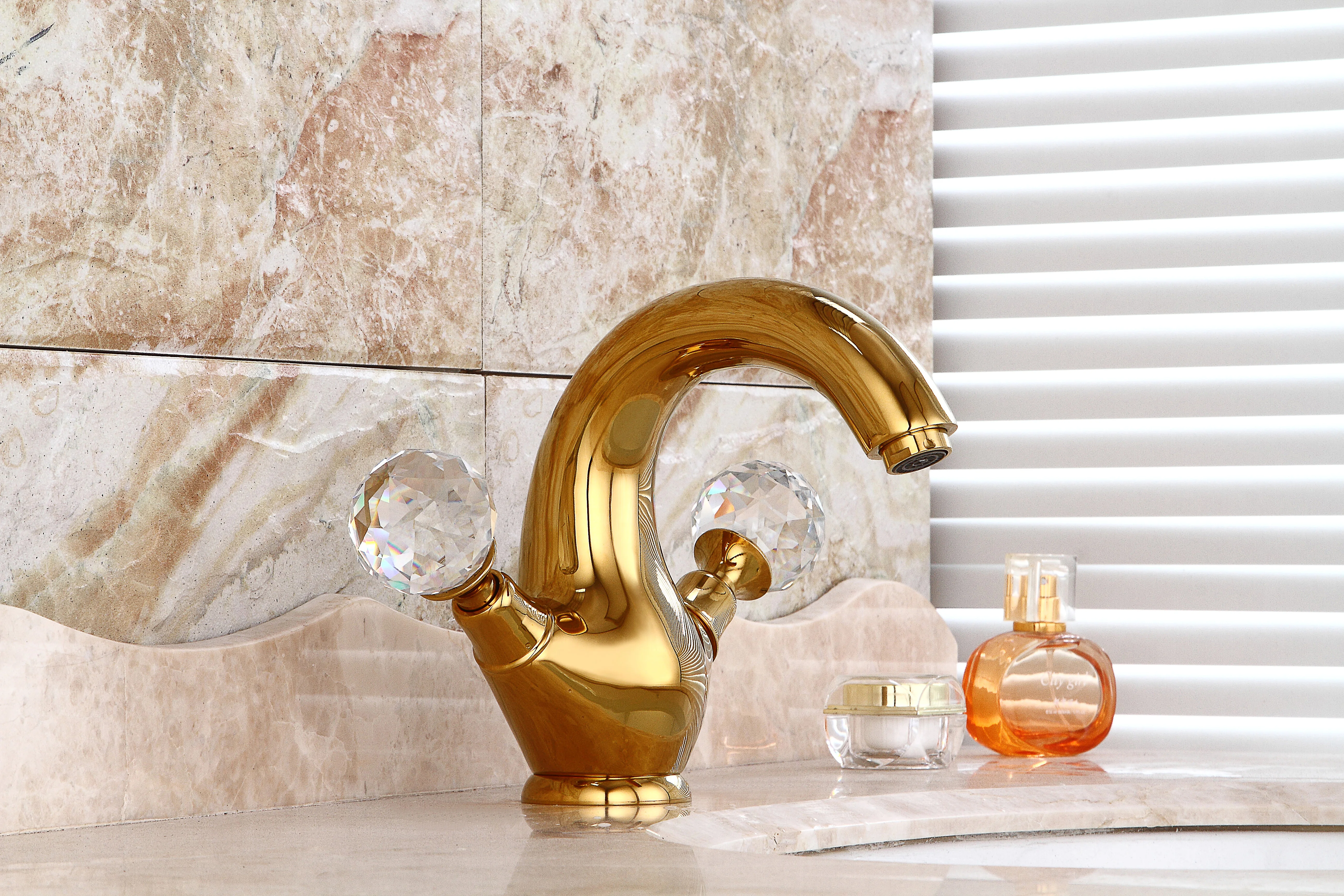 Free ship gold Finish double crystal handles classic style bathroom lavatory washbasin sink faucet mixer tap Single Hole