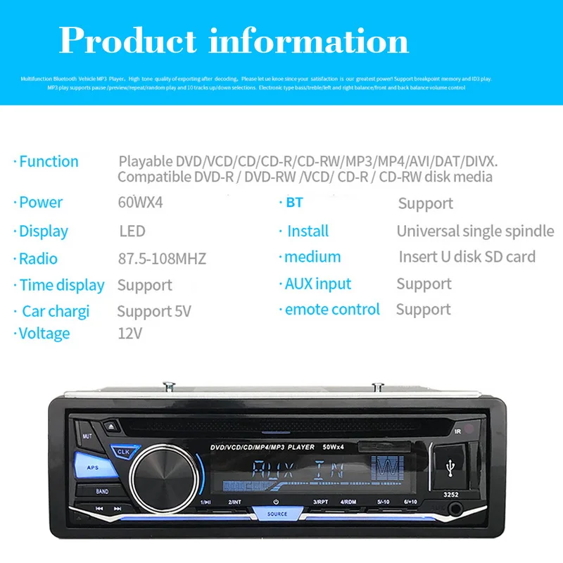 Аудио Музыка BT Bluetooth с пультом дистанционного управления CD DVD MP3 плеер Съемная панель FM AUX в USB SD карта 1 DIN автомагнитола стерео
