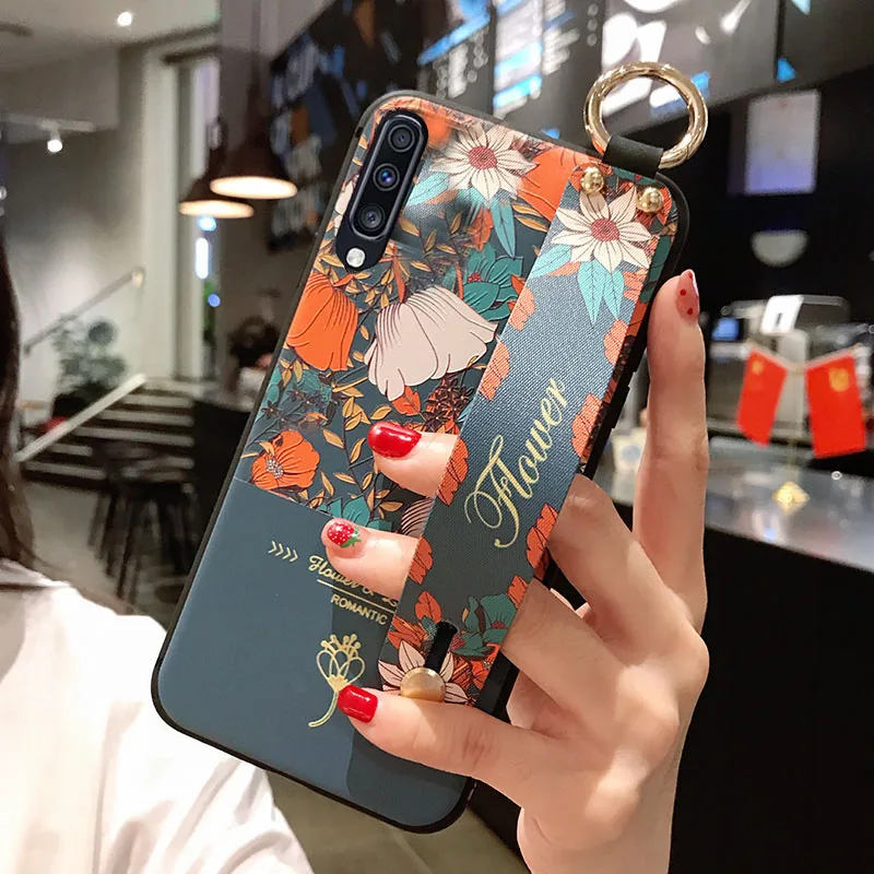 Темно-серый Матовый чехол с 3D рельефным цветком для samsung Galaxy S10e S9 S8 S10 Plus Note 8 9, ремешок на руку, мягкий чехол, роскошный чехол с подставкой - Цвет: Темно-серый