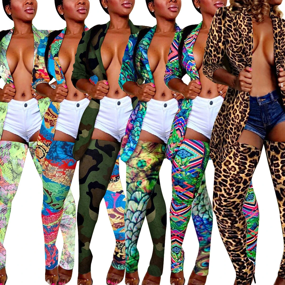 Женский спортивный костюм с леопардовым принтом свободный для офиса из блейзера